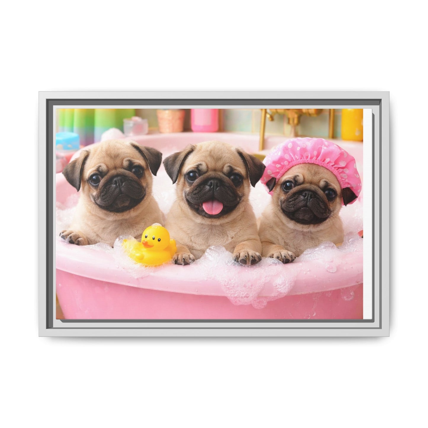 Pug Puppies Bubble Bath Matte Canvas Framed Wall Art