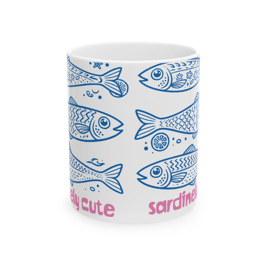 Sardine Cute Ceramic Mug (11oz/15oz) — Whimsical Blue Fish Pattern