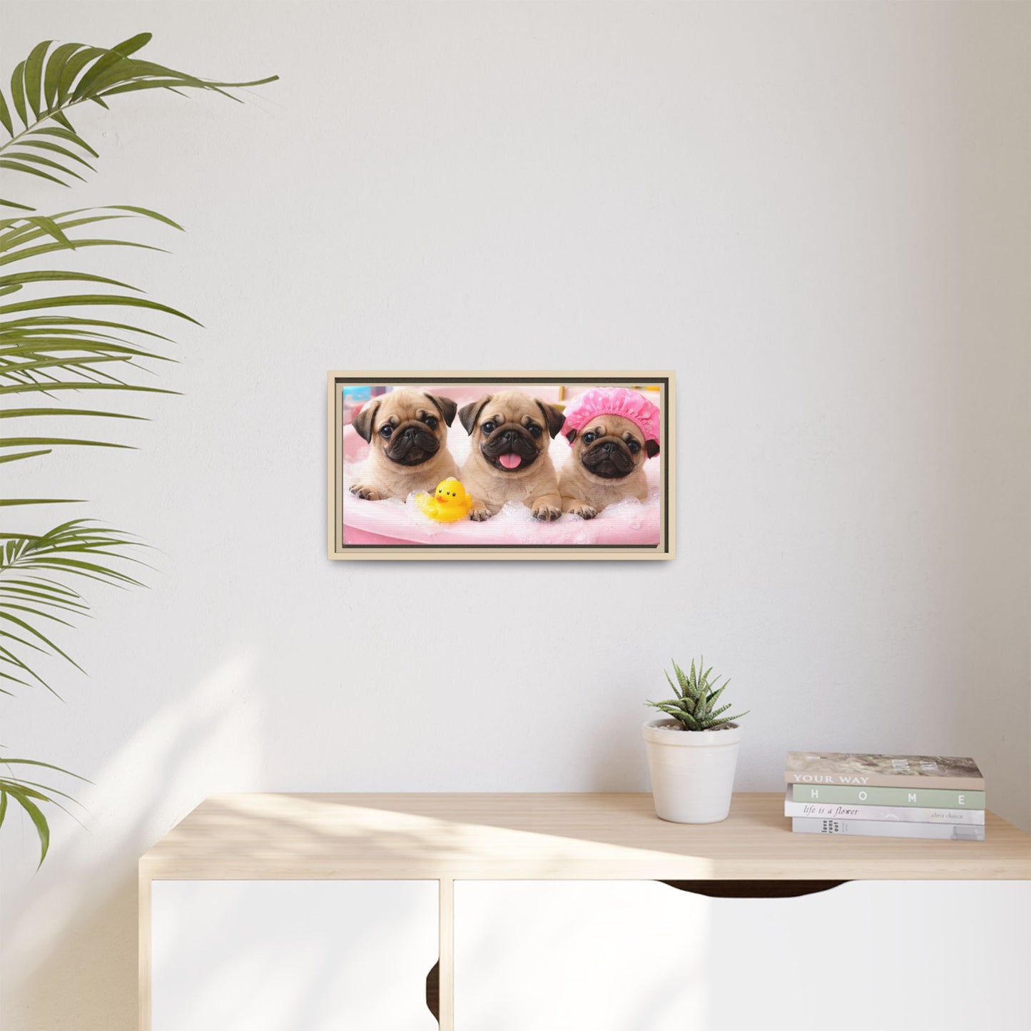 Pug Puppies Bubble Bath Matte Canvas Framed Wall Art