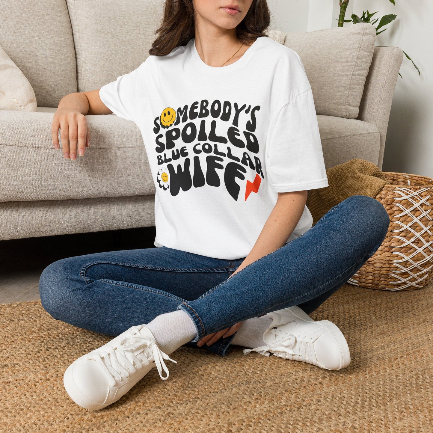 T-Shirt — "Somebody's Spoiled Blue Collar Wife" Smiley Retro Graphic Tee