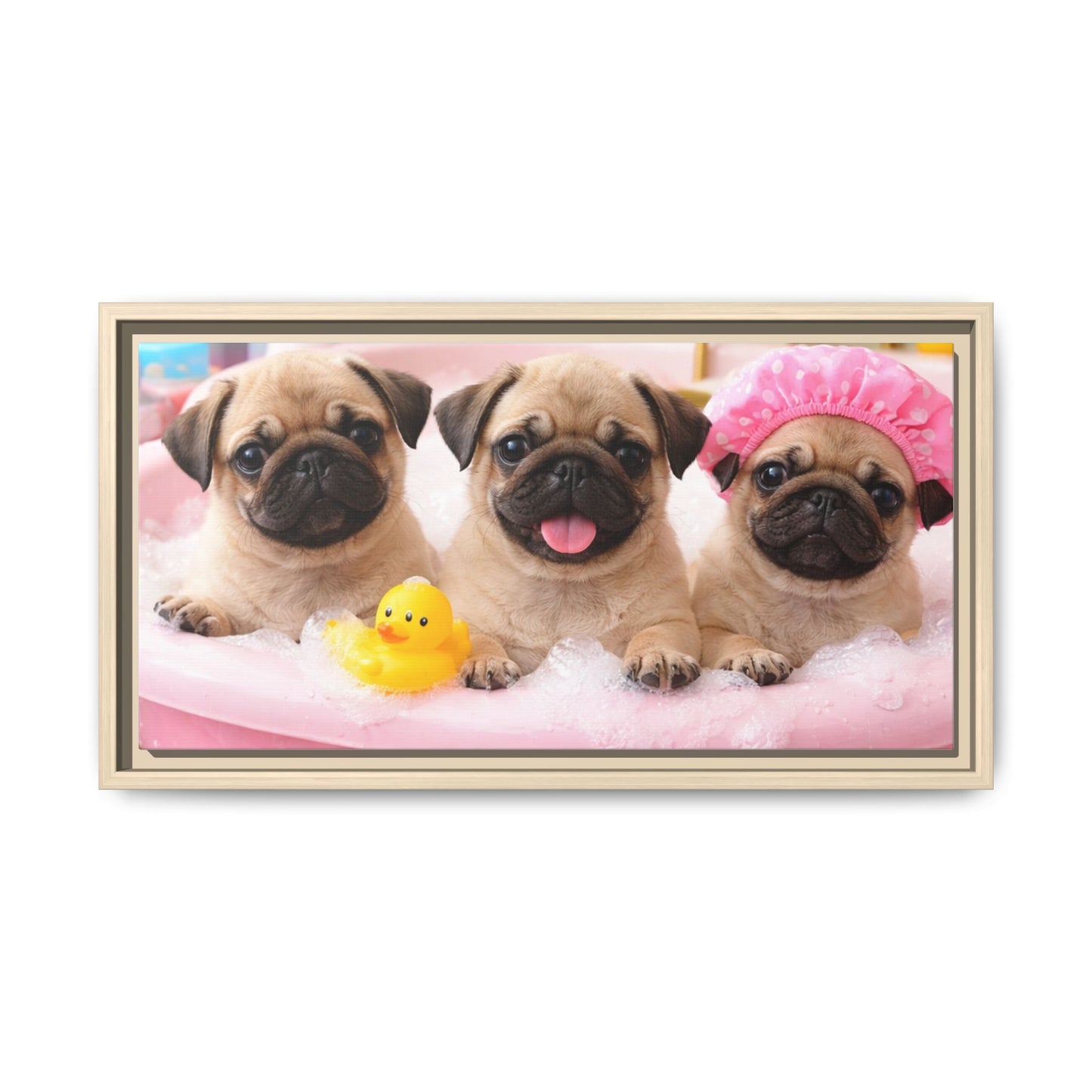Pug Puppies Bubble Bath Matte Canvas Framed Wall Art