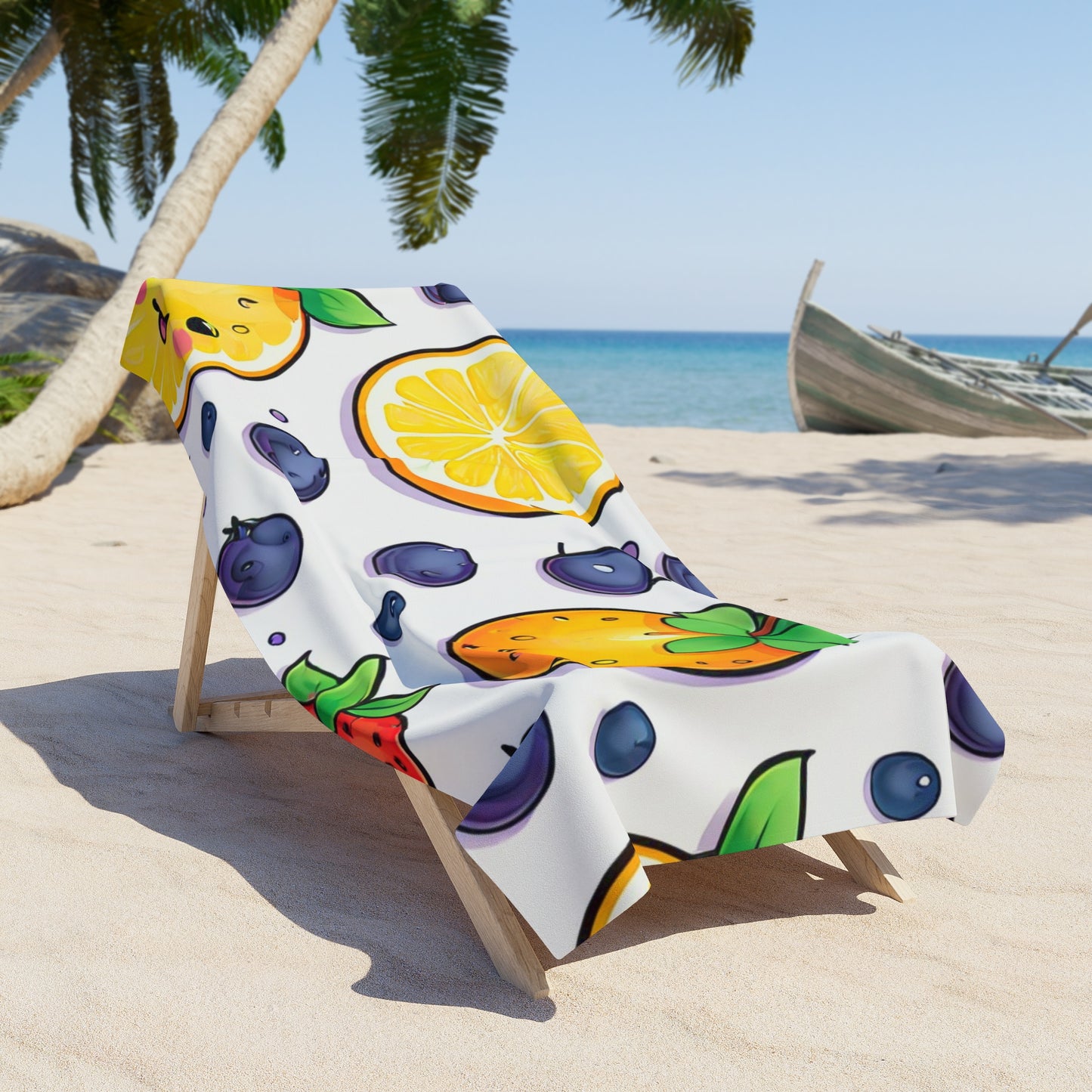 Kawaii Citrus & Berries Beach Towel — Cute Lemon, Orange & Blueberry Pattern